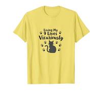 Living My 9 Lives Vicariously Cat Lover Humor T-Shirt, Men, Lemon, L