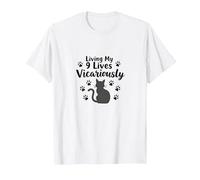 Living My 9 Lives Vicariously Cat Lover Humor T-Shirt, Men, White, XXL