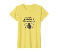 Living My 9 Lives Vicariously Cat Lover Humor T-Shirt, Women, Lemon, M