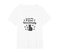 Living My 9 Lives Vicariously Cat Lover Humor T-Shirt, Women's Plus, White, 2X