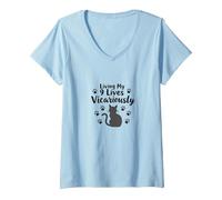 Living My 9 Lives Vicariously Cat Lover Humor V-Neck T-Shirt, Women, Baby Blue, L