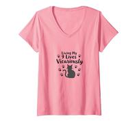 Living My 9 Lives Vicariously Cat Lover Humor V-Neck T-Shirt, Women, Pink, L