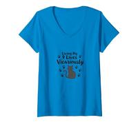 Living My 9 Lives Vicariously Cat Lover Humor V-Neck T-Shirt, Women, Sapphire, XL