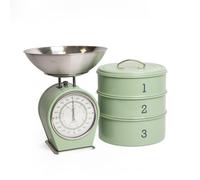 Living Nostalgia 2pc English Sage Green Kitchenware Set with Three Tier Cake Tin & Mechanical Scale Living Nostalgia Green