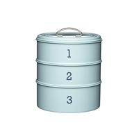 Living Nostalgia 4pc Vintage Blue Stainless Steel Kitchen Storage Set with Tea, Coffee & Sugar Canisters & Three Tier Cake Tin Living Nostalgia Blue