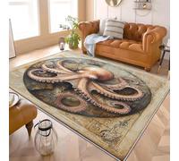 Living Room Anti-Slip TPR Area Rugs 140x200 cm Vintage octopus Low-Pile, Machine-Washable Carpet, Soft, Fluffy Playing Floor Mat Brown Non-Shedding Rug For Study Bedroom Entryway