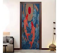 Living Room Art Door Poster 82x200 cm Chinese Wave Koi Waterproof Door Sticker Self-Adhesive PVC Removable Door Sticker Blue Wallpaper Decoration for Bedrooms