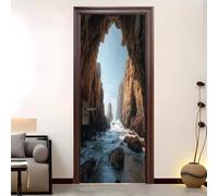 Living Room Art Door Poster 88x200 cm Coastal Canyon Pattern Waterproof Door Sticker Self-Adhesive PVC Removable Door Sticker Blue Wallpaper Decoration for Bedrooms
