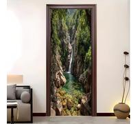 Living Room Art Door Poster 90x200 cm Landscape Plants Waterfall Waterproof Door Sticker Self-Adhesive PVC Removable Door Sticker Green Wallpaper Decoration for Bedrooms