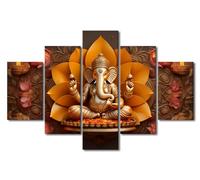 Living Room Canvas Wall Art Ganesha Wall Art Decor Golden Hindu God Statue Picture Printing 5 Panel Elephant God Wall Art for Bedroom Wall Decoration Stretched and Framed Ready to Hang 60x40 in