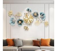 Living Room Clocks, Large Wall Clock, 3D Silent Wall Clock, Retro Metal Ginkgo Leaves Design, Wall Decorations for Living Room (Blue Gold, 120cm)