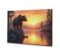 Living Room Decor A Bear Stands On A Rock By A Serene Lake As The Sun Sets Canvas Decorative Picture Living Room Decor Baptism Decorations(40x60cm)