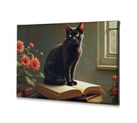 Living Room Decor A Black Cat Sits On An Open Book, Surrounded By Vibrant Flowers. Canvas Decorative Picture Easter Decoration Bathroom Art Wall Decor(30x40cm)