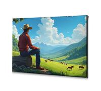 Living Room Decor A Cowboy Sits On A Log, Gazing At Horses Grazing In A Lush Valley Canvas Decorative Picture Living Room Decor Baptism Decorations(40x60cm)