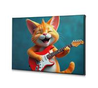 Living Room Decor A Happy Cartoon Cat Playing An Electric Guitar. Canvas Decorative Picture Easter Decoration Bathroom Art Wall Decor(20x30cm)