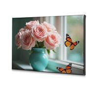 Living Room Decor Pink Roses In A Blue Vase With Butterflies. Canvas Decorative Picture Bathroom Pictures Dining Room Decor(20x30cm)