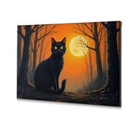 Living Room Decor Wall A Black Cat Sits In A Spooky Forest With A Full Moon Shining Brightly. Canvas Decorative Picture Home Wall Decor Rustic Home Decor(30x40cm)