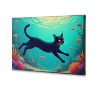 Living Room Decor Wall A Black Cat Swims Among Colorful Fish In An Underwater Scene. Canvas Decorative Picture Bedroom Decor Bathroom Decorations(40x60cm)