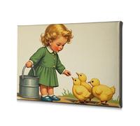 Living Room Decor Wall A Child Feeding Ducklings With Water From A Bucket. Canvas Decorative Picture Farmhouse Decor Spring Decor(40x60cm)