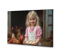 Living Room Decor Wall A Young Girl Holds A Basket Of Eggs With Chickens In The Background. Canvas Decorative Picture Farmhouse Decor Spring Decor(20x30cm)