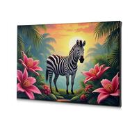 Living Room Decor Wall A Zebra Stands Amidst Vibrant Pink Flowers In A Lush, Tropical Setting. Canvas Decorative Picture Farmhouse Decor Spring Decor(40x60cm)