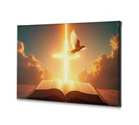 Living Room Decor Wall An Open Book With A Glowing Cross And Dove In The Sky. Canvas Decorative Picture Farmhouse Decor Spring Decor(20x30cm)
