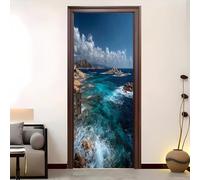Living Room Door Sticker 77x200 cm Coastal Landscape Vinyl Removable Stickers Blue Self-Adhesive Door Murals Wallpaper Waterproof Wall Poster for Bedroom Home Decor