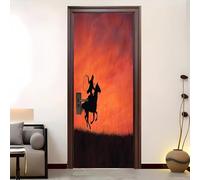 Living Room Door Sticker 77x200 cm Cowboy Silhouette at Dusk Vinyl Removable Stickers Orange-Red Self-Adhesive Door Murals Wallpaper Waterproof Wall Poster for Bedroom Home Decor