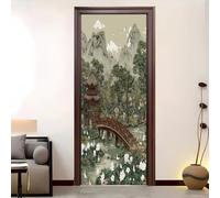 Living Room Door Sticker 77x200 cm Japanese Garden with Florals Vinyl Removable Stickers Multicolor Self-Adhesive Door Murals Wallpaper Waterproof Wall Poster for Bedroom Home Decor