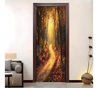 Living Room Door Sticker 82x200 cm Autumn Sunrise in The Jungle Vinyl Removable Stickers Gold Self-Adhesive Door Murals Wallpaper Waterproof Wall Poster for Bedroom Home Decor