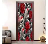 Living Room Door Sticker 82x200 cm Japanese Style Koi Vinyl Removable Stickers Multicolor Self-Adhesive Door Murals Wallpaper Waterproof Wall Poster for Bedroom Home Decor
