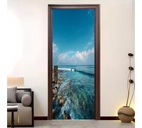 Living Room Door Sticker 88x200 cm Coastline Rainbow Waves Vinyl Removable Stickers Colorful Self-Adhesive Door Murals Wallpaper Waterproof Wall Poster for Bedroom Home Decor