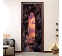 Living Room Door Sticker 88x200 cm Fantasy Rock Sunset Vinyl Removable Stickers Pink Purple Self-Adhesive Door Murals Wallpaper Waterproof Wall Poster for Bedroom Home Decor