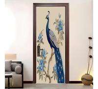 Living Room Door Sticker 88x200 cm Gorgeous Animal Peacock Vinyl Removable Stickers Beige Self-Adhesive Door Murals Wallpaper Waterproof Wall Poster for Bedroom Home Decor