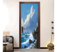Living Room Door Sticker 88x200 cm Sea Waves and Ship Pattern Vinyl Removable Stickers Blue Self-Adhesive Door Murals Wallpaper Waterproof Wall Poster for Bedroom Home Decor