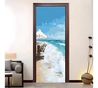 Living Room Door Sticker 88x200 cm Seaside Beach Vacation Vinyl Removable Stickers Blue Self-Adhesive Door Murals Wallpaper Waterproof Wall Poster for Bedroom Home Decor