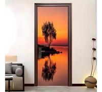 Living Room Door Sticker 90x200 cm Lone Tree Silhouette at Sunset Vinyl Removable Stickers Orange-Yellow Self-Adhesive Door Murals Wallpaper Waterproof Wall Poster for Bedroom Home Decor