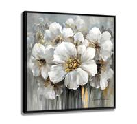 Living Room Framed Flowers Canvas Wall Art, White Floral and Black Frame for Gray Bathroom Bedroom Decor 36W x 36H