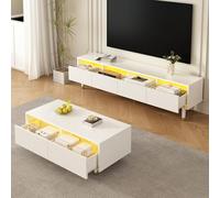 Living Room Furniture Set, TV Stand with 4 Doors & Coffee Table with 2 Drawers, Gold Wood Finish, LED Lighting, Curved Design, Acrylic Front, Ample Storage Space