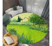 Living Room Green Round Rug 100 cm, Quality Retro Grass Flowers Art Printed Flannel Carpet with Durable Edge Binding and a Non-Slip Underside - Super Soft Short Pile Rug