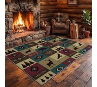 Living Room Low-pile Pine Trees Deer Bears Mountains Rug, Vintage Geometric Washable TPR Non-Slip Carpet 80 x 150 cm, Easy To Clean for Bedroom Office, Multicoloured