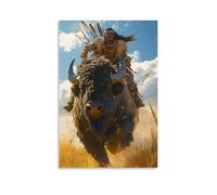 Living Room Office Hanging Paintings Wall Art, Native American Warrior Buffalo Western Landscape, Canvas Wrapped Poster Print, Tribal Western Wall Decor 16x24inch(40x60cm)