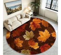 Living Room Round Area Rug 120 cm, Brown Maple Leaf Washable Carpet | Botanical Nature Circle Floor Cover, Non Slip Rubber Grip Backing, Cosy Low Pile Accent Rug for Coffee Table & Lounge