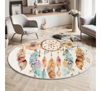 Living Room Round Rug, 120cm Washable Rugs, Short Pile Multicolor Circle Soft Carpet, Bohemian 3D Effect Flowers Dreamcatcher Pattern, Non-Slip for Bedroom, Dining Room