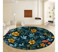 Living Room Rug Round 150 cm, Washable Rug Bedroom Short Pile Rural Flowers Vines Round Carpet Soft Rustic Style Non-Slip Carpet for Nursery Hallway Home Office