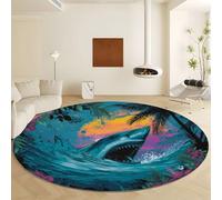 Living Room Rug Round 180 cm, Washable Rug Bedroom Short Pile Ocean Shark Floral Plants Round Carpet Soft Abstract Art Non-Slip Carpet for Nursery Hallway Home Office