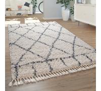 Living Room Rug Shaggy High Pile Modern Rhombus Pattern Diamonds in Cream Blue