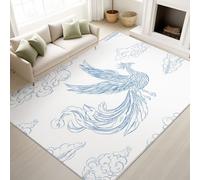 Living Room Rugs 140 x 200 cm, Minimalist Line Art Fluffy Carpet Flying Chinese Phoenix Whimsical Elegant, Rugs Bedroom, Blue White