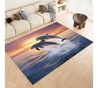 Living Room Rugs Large 180x240 cm Carpet Pattern Whale Jumping Sea 3D Print Machine Washable Rug Non Slip Cashmere Imitation Material Suitable for Children's Room Bedroom Area Floor Mat Decor