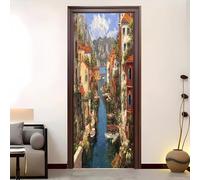 Living Room Self-Adhesive Door Sticker Mediterranean Town Removable Poster PVC Doorwallpaper Multicolor Waterproof Door Sticker for Home Bedroom Decor 82x200 cm